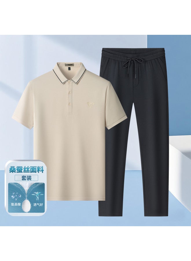 Tucano Mulberry Silk Summer Short-sleeve Polo Shirt + Cooling Silk Casual Trousers - Loose Fit Versatile Dad Men's Outfit Set - Image 2