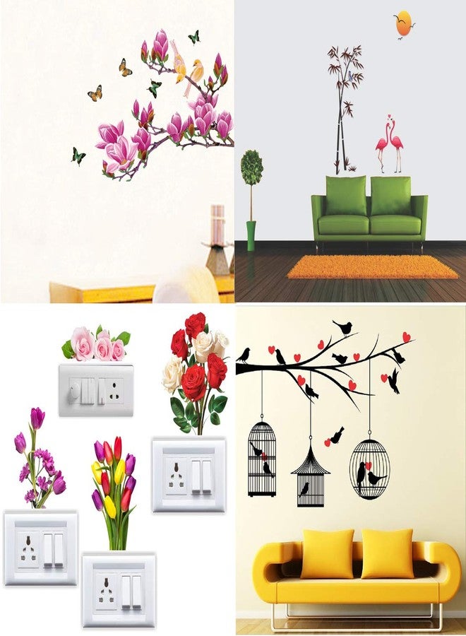 Walltech Combo of 4 Wall Sticker Magnolia Flower and butterflies-70 x 100 cms Love Birds with hearts-125 x 85 cms Flamingos and bamboo-150 x 125 cms sb pusy flowers-13 x15 cms-Vinyl, Set of 4-97 - Image 1