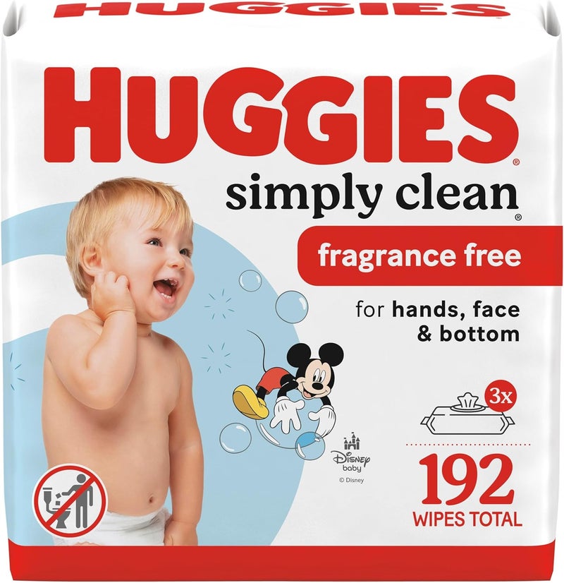 HUGGIES Simply Clean Unscented Baby Diaper Wipes, 3 Flip-Top Packs (192 Wipes Total), Packaging May Vary - Image 1