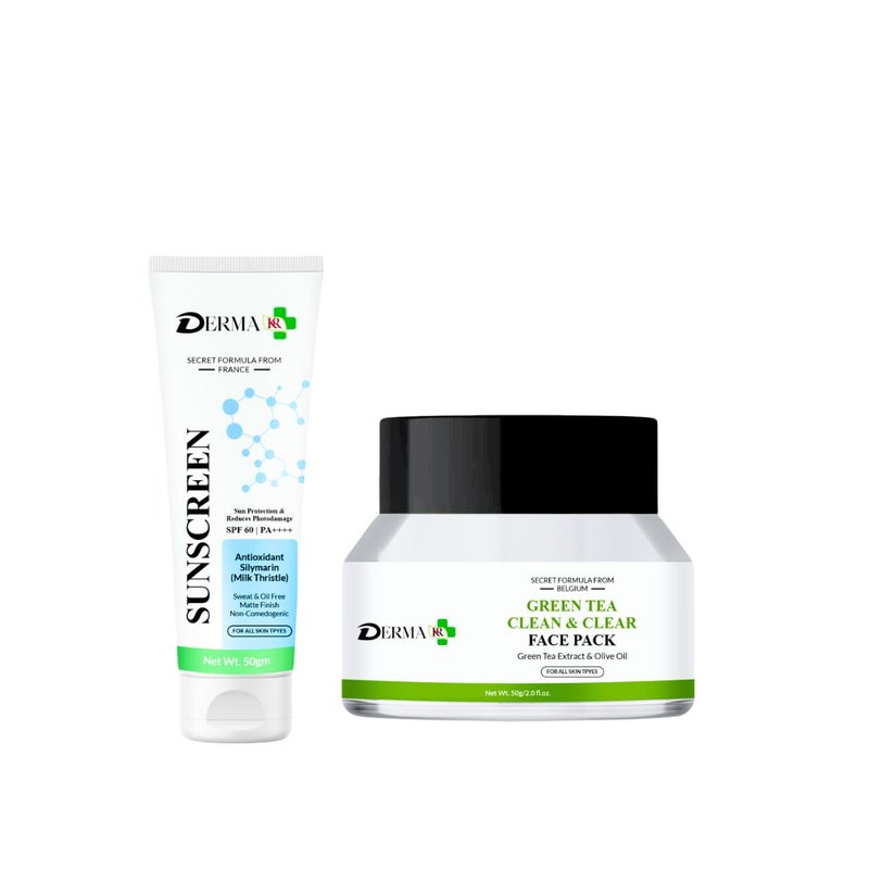 DERMAKR DERMA KR SPF 60 PA Sunscreen 50gm Green Tea Clean Clear Face Pack50gmFacial Pack Of 2 - Image 1