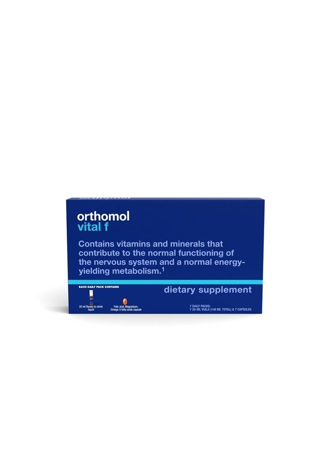 Orthomol فيتال F فيال، متعدد الفيتامينات للنساء، إمداد لمدة 7 أيام، فيتامينات A، B، C، D، E، K، كالسيوم، يود، أوميغا-3 - Image 1