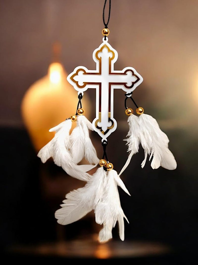 Jiyu Creation Car Hanging Ornament Cross Design Dream Catcher for Positive Energy Rearview Mirror Charm Home and Temple Decor Durable Acrylic with Original Feathers - Image 2
