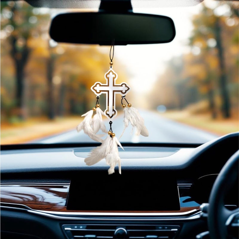 Jiyu Creation Car Hanging Ornament Cross Design Dream Catcher for Positive Energy Rearview Mirror Charm Home and Temple Decor Durable Acrylic with Original Feathers - Image 1