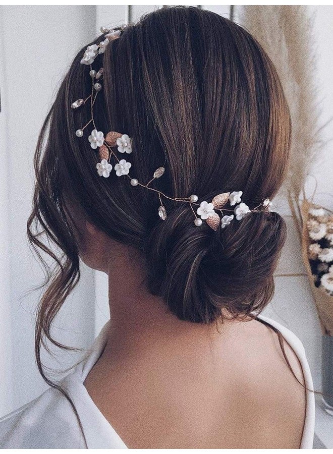 JAKAWIN Bride Flower Wedding Hair Vine Crystal Hair Piece Pearl Bridal Headpiece Leaf Hair Accessories For Women And Girls Hv103 (Rose Gold)  - Image 3