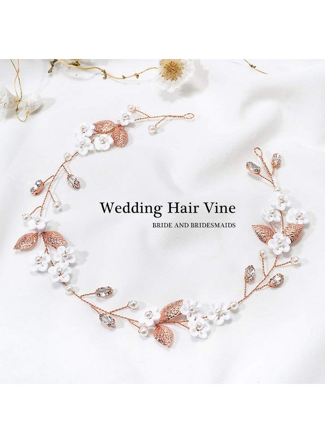 JAKAWIN Bride Flower Wedding Hair Vine Crystal Hair Piece Pearl Bridal Headpiece Leaf Hair Accessories For Women And Girls Hv103 (Rose Gold)  - Image 2