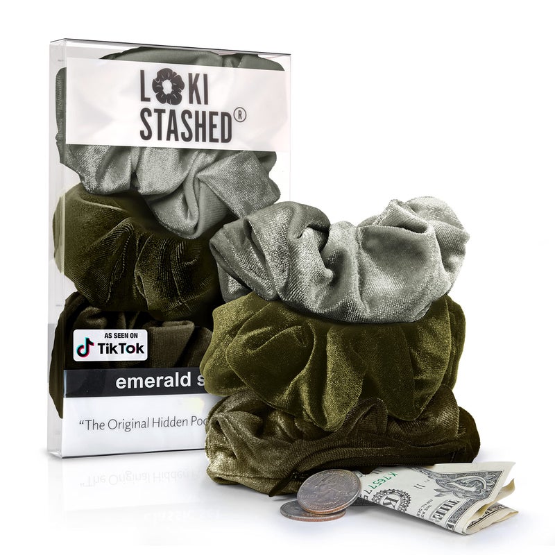 LokiStashed 3-PACK Velvet Hair Tie Scrunchies for VSCO Girls & Women, THE ORIGINAL HIDDEN POCKET SCRUNCHIE with Zipper Pocket Storage, Accessories, Small Items, Keys, Money - Emerald Set