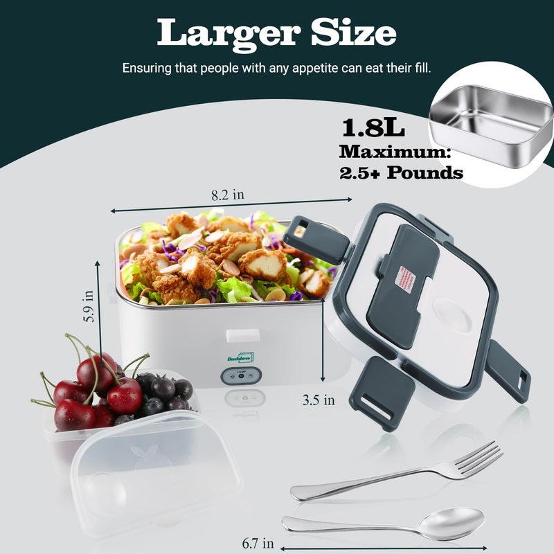 Buddew Electric Lunch Box for Adults, 80W Heated Lunch Box 1.8L Stainless Steel Portable Food Warmer,12/24/110V Lonchera Electrica Portatil for Travel & Work, Loncheras para Hombres de Trabajo(Gray) - Image 2