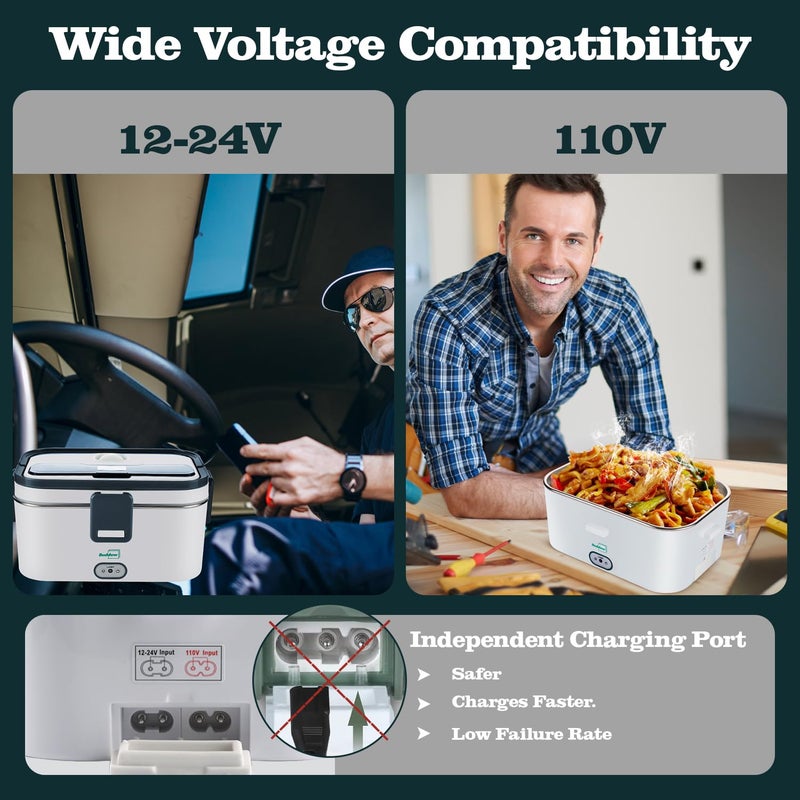 Buddew Electric Lunch Box for Adults, 80W Heated Lunch Box 1.8L Stainless Steel Portable Food Warmer,12/24/110V Lonchera Electrica Portatil for Travel & Work, Loncheras para Hombres de Trabajo(Gray) - Image 4