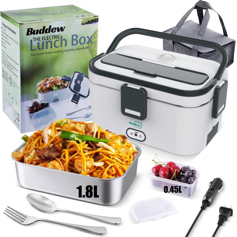 Buddew Electric Lunch Box for Adults, 80W Heated Lunch Box 1.8L Stainless Steel Portable Food Warmer,12/24/110V Lonchera Electrica Portatil for Travel & Work, Loncheras para Hombres de Trabajo(Gray) - Image 1