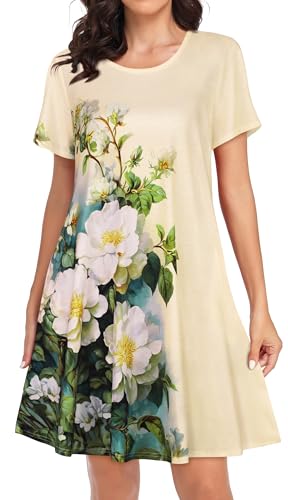elescat Women Summer Dresses Casual Short Sleeve Pockets T Shirt Scoop Neck Loose Fit Swing Sundress (Apricot Floral, L) - Image 3