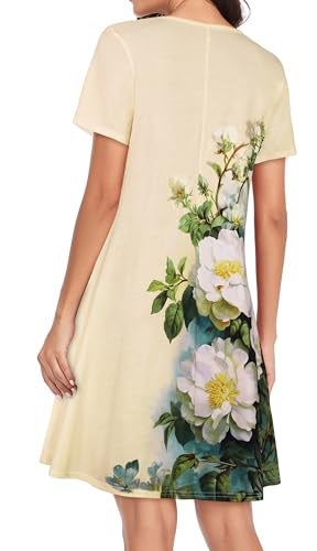 elescat Women Summer Dresses Casual Short Sleeve Pockets T Shirt Scoop Neck Loose Fit Swing Sundress (Apricot Floral, L) - Image 5