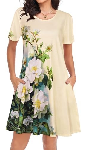 elescat Women Summer Dresses Casual Short Sleeve Pockets T Shirt Scoop Neck Loose Fit Swing Sundress (Apricot Floral, L) - Image 2