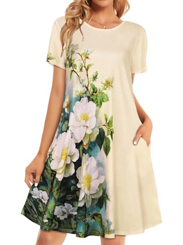 elescat Women Summer Dresses Casual Short Sleeve Pockets T Shirt Scoop Neck Loose Fit Swing Sundress (Apricot Floral, L) - Image 1
