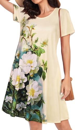 elescat Women Summer Dresses Casual Short Sleeve Pockets T Shirt Scoop Neck Loose Fit Swing Sundress (Apricot Floral, L) - Image 4