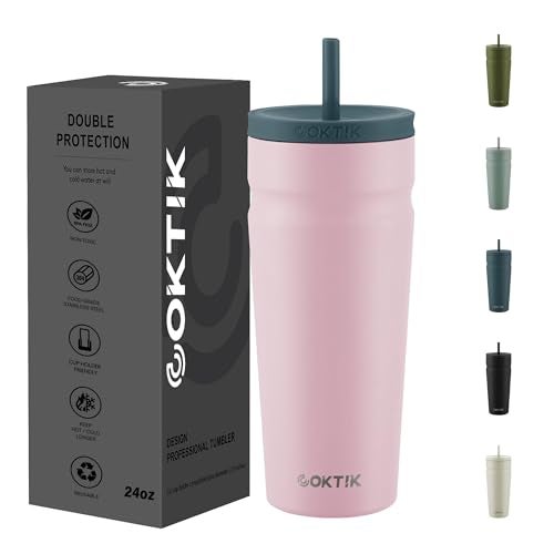 COKTIK 24oz Insulated Tumbler with Lid and Straw Iced Coffee Cup Reusable Stainless Steel Travel Mug Water Bottle Cupholder Friendly for Women Men Her Him (Blush) - Image 3