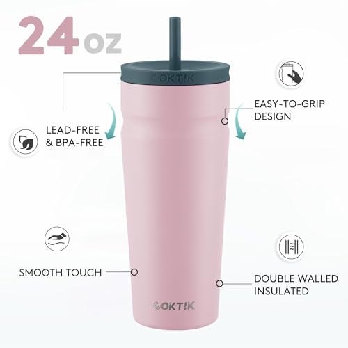 COKTIK 24oz Insulated Tumbler with Lid and Straw Iced Coffee Cup Reusable Stainless Steel Travel Mug Water Bottle Cupholder Friendly for Women Men Her Him (Blush) - Image 2