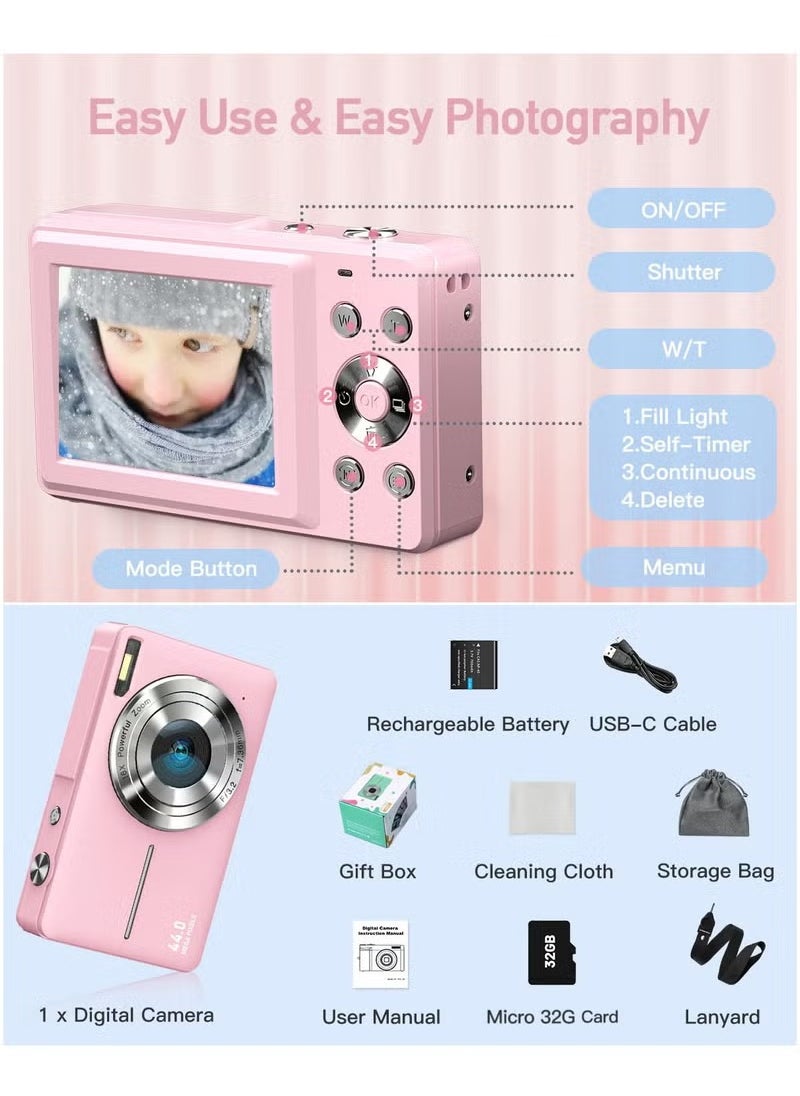 Generic - Digital Camera, FHD 1080P Kids Camera 44MP Point and Shoot Digital Camera with 32GB SD Card, 16x Zoom, Lanyard, Small Compact Camera for Kids Boys Girls - Image 1