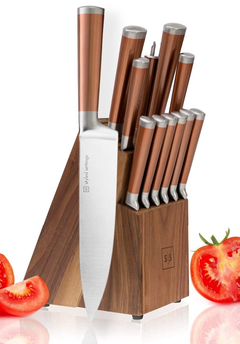 Copper Knife Set with Walnut Block  13Piece Premium Stainless Steel Knives for Kitchen with Rose Gold Handle  Stylish Copper and Rose Gold Kitchen Accessories
