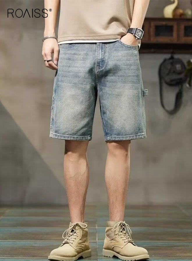 رويس بنطلون جينز قصير فضفاض للرجال من قماش الدنيم الصيفي، بنطلون كاجوال شعبي، بسحاب مغسول بشكل مستقيم مع جيب مزخرف، مناسب للشارع اليومي - Image 3