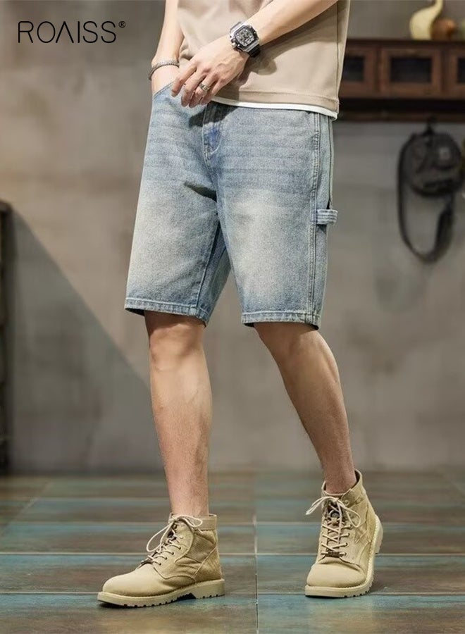 رويس بنطلون جينز قصير فضفاض للرجال من قماش الدنيم الصيفي، بنطلون كاجوال شعبي، بسحاب مغسول بشكل مستقيم مع جيب مزخرف، مناسب للشارع اليومي - Image 1
