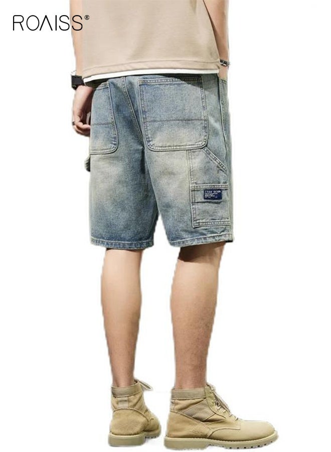 رويس بنطلون جينز قصير فضفاض للرجال من قماش الدنيم الصيفي، بنطلون كاجوال شعبي، بسحاب مغسول بشكل مستقيم مع جيب مزخرف، مناسب للشارع اليومي - Image 4