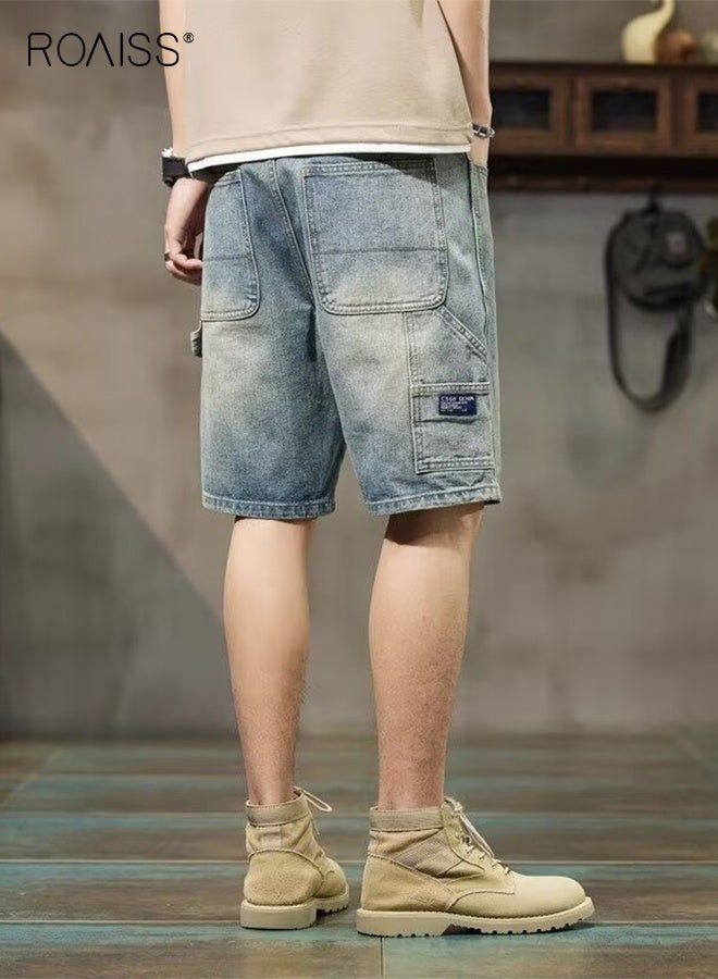 رويس بنطلون جينز قصير فضفاض للرجال من قماش الدنيم الصيفي، بنطلون كاجوال شعبي، بسحاب مغسول بشكل مستقيم مع جيب مزخرف، مناسب للشارع اليومي - Image 2