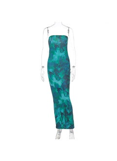 NIBEMINENT Summer Green Print Long Dress With Top Up Slim Sleeveless Spice Girls Dress for Women  - Image 5