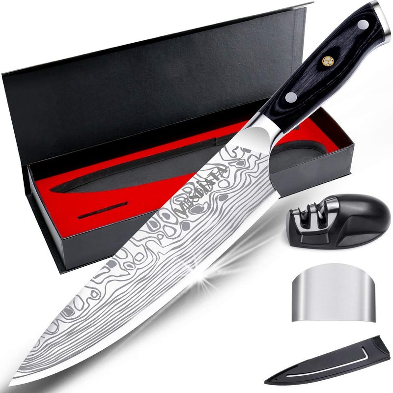 MOSFiATA 8" Super Sharp Professional Chef's Knife with Finger Guard and Knife Sharpener, German High Carbon Stainless Steel EN1.4116 with Micarta Handle and Gift Box - Image 1