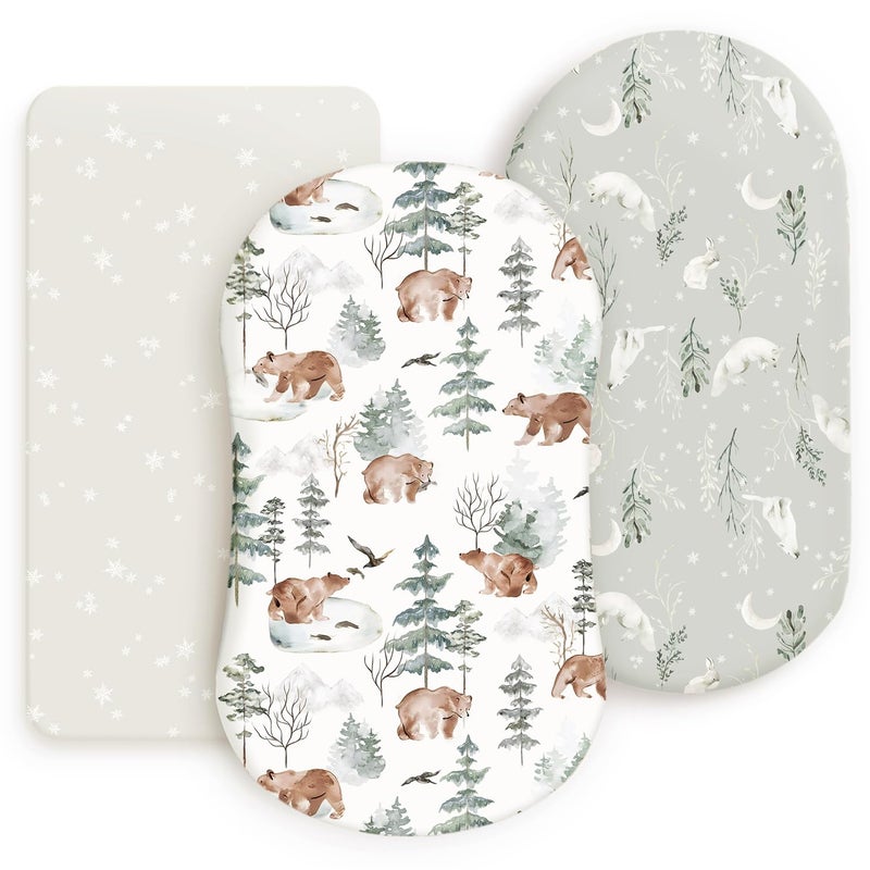 GRSSDER Stretchy Ultra Soft Fitted Bassinet Sheet Set 3 Pack, Universal Fit for Bassinets Baby Cradle Moses Basket Oval Rectangle Mattress Safe and Snug, Stylish Pattren of Bear and Wolf Print - Image 1