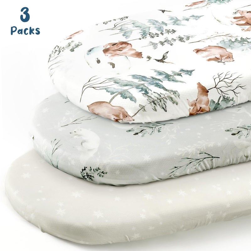 GRSSDER Stretchy Ultra Soft Fitted Bassinet Sheet Set 3 Pack, Universal Fit for Bassinets Baby Cradle Moses Basket Oval Rectangle Mattress Safe and Snug, Stylish Pattren of Bear and Wolf Print - Image 2