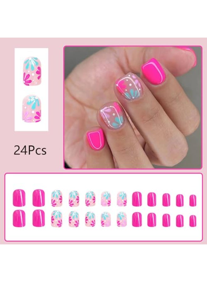 ASABITE 24Pcs Pink Square Press on Nails Short Fake Nails with Glue Cute Floral False Nails Spring Summer Stick on Nail Full Cover Artificial Nails Press ons Holiday Glue on Nail for Women Flower Nail - Image 3