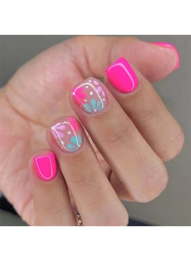 ASABITE 24Pcs Pink Square Press on Nails Short Fake Nails with Glue Cute Floral False Nails Spring Summer Stick on Nail Full Cover Artificial Nails Press ons Holiday Glue on Nail for Women Flower Nail - Image 1