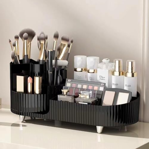 ALOXE Makeup Organisers | 360° Rotating Brush Holder & Elegant Organizer Storage Box for Dressing Table, Skincare, Cosmetics & Accessories (Black) - Image 1