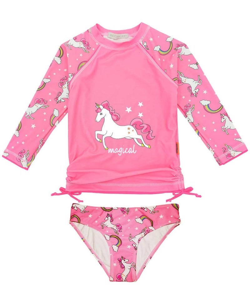 weVSwe Girls Unicorn Rash Guard 2 Piece Toddler Pink Long Sleeve Swimsuit Set Rainbow Bathing Suit Sun Protection Bow-Knot 5-6X - Image 3