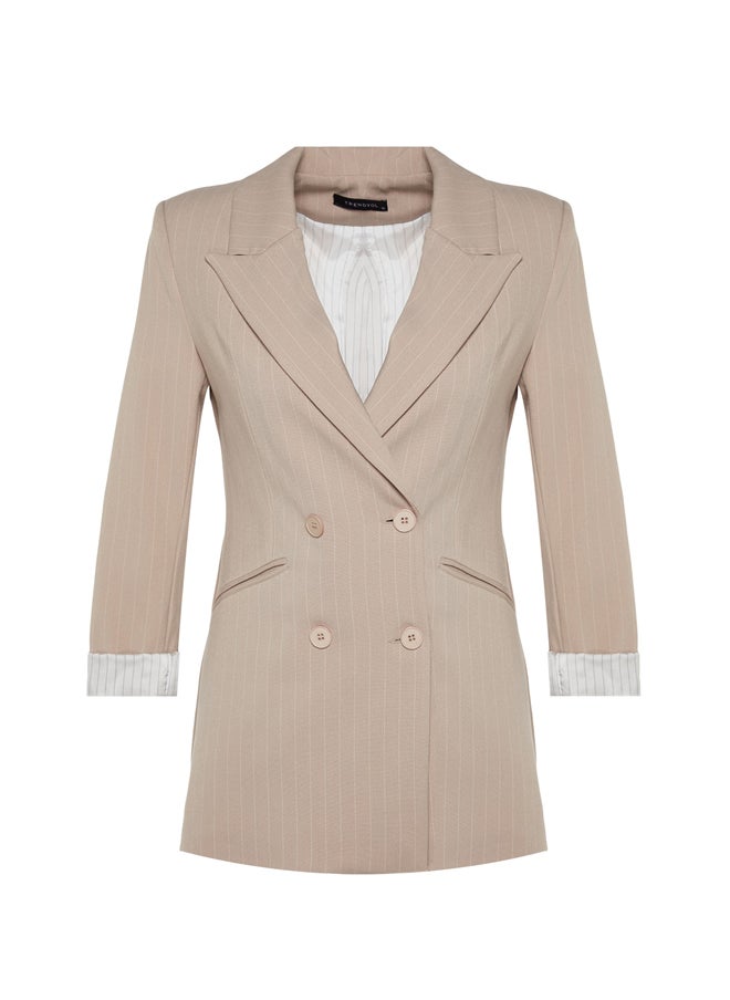 trendyol - Beige Premium Striped Regular Lined Woven Blazer Jacket TWOAW24BC00004 - Image 1