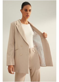 Beige Premium Striped Regular Lined Woven Blazer Jacket TWOAW24BC00004