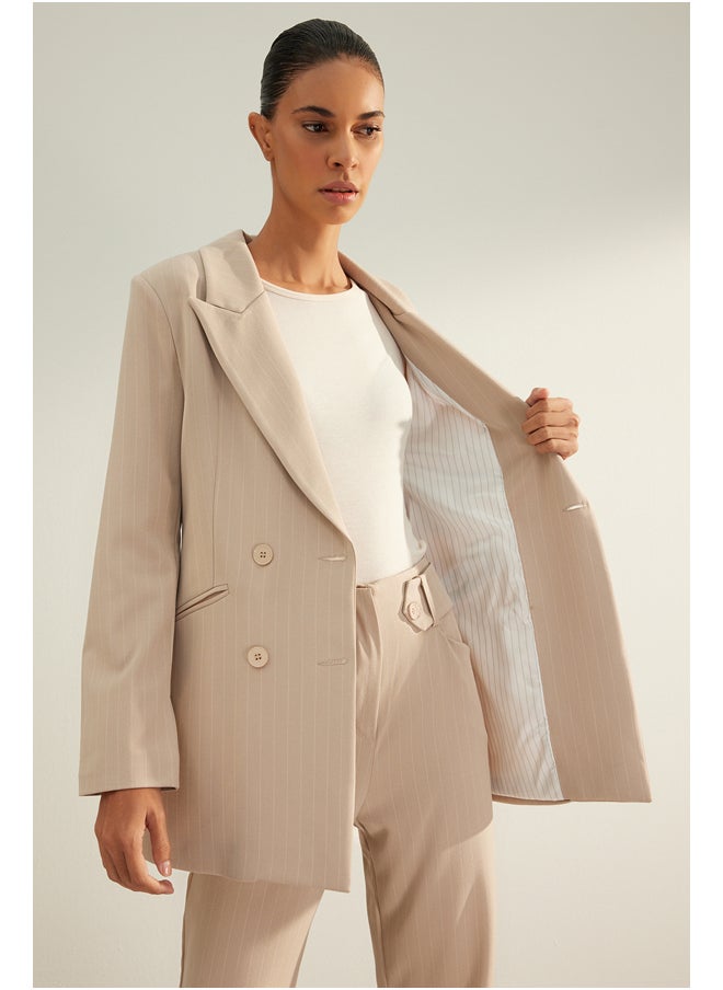 trendyol - Beige Premium Striped Regular Lined Woven Blazer Jacket TWOAW24BC00004 - Image 1