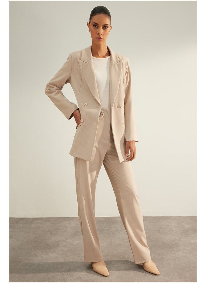 trendyol - Beige Premium Striped Regular Lined Woven Blazer Jacket TWOAW24BC00004 - Image 1