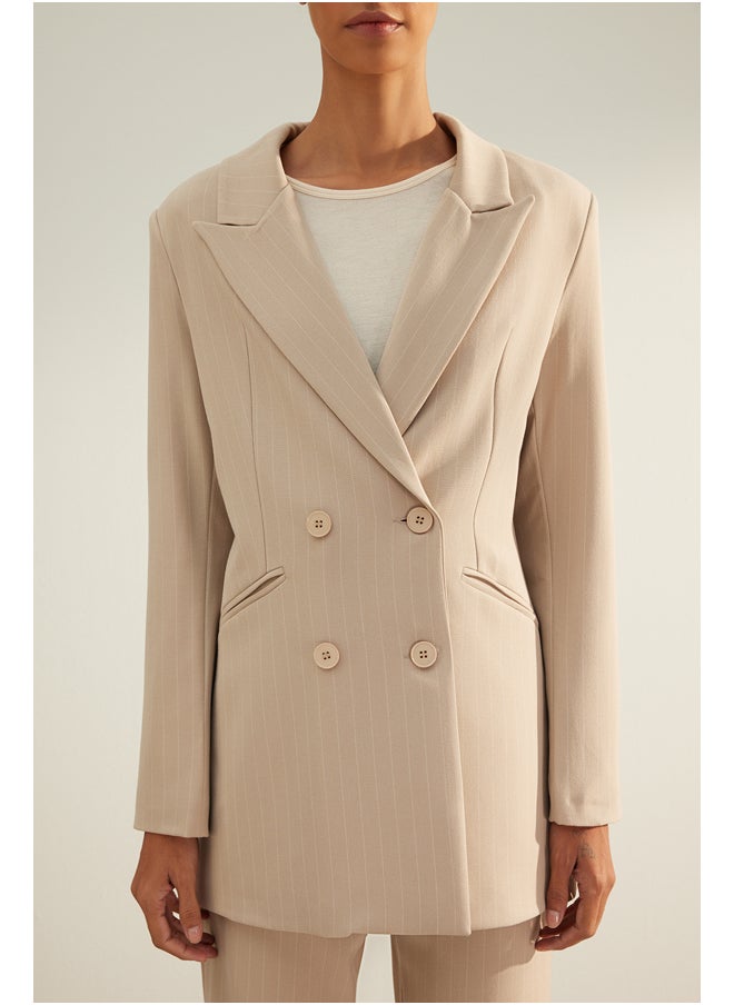 trendyol - Beige Premium Striped Regular Lined Woven Blazer Jacket TWOAW24BC00004 - Image 1
