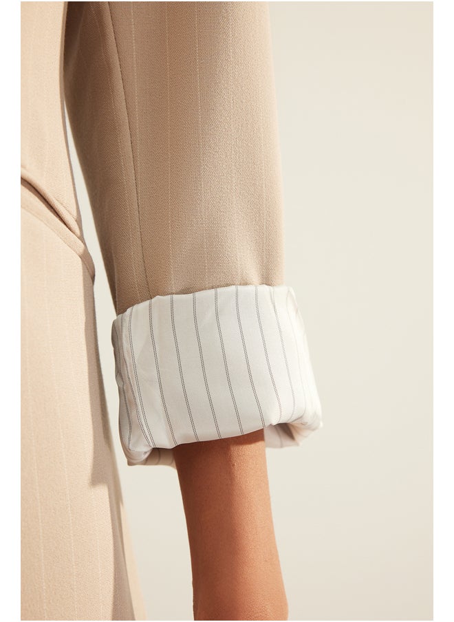 trendyol - Beige Premium Striped Regular Lined Woven Blazer Jacket TWOAW24BC00004 - Image 1