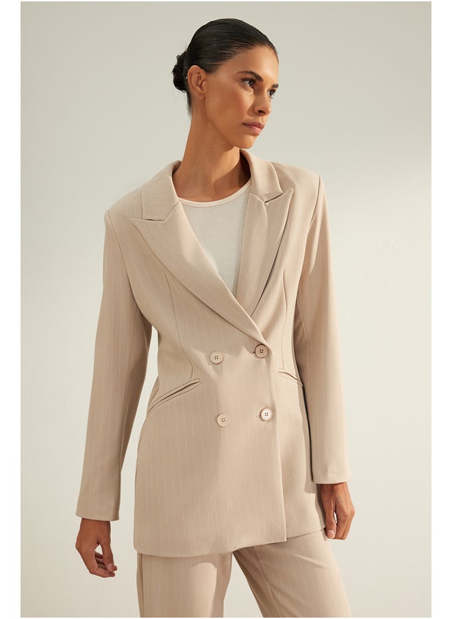 trendyol - Beige Premium Striped Regular Lined Woven Blazer Jacket TWOAW24BC00004 - Image 1