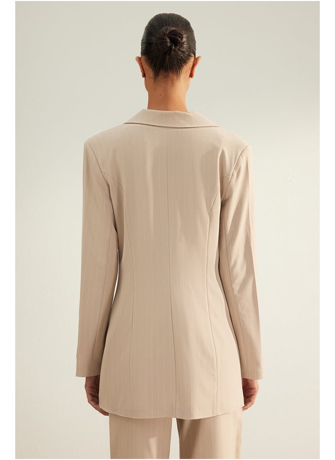 trendyol - Beige Premium Striped Regular Lined Woven Blazer Jacket TWOAW24BC00004 - Image 1