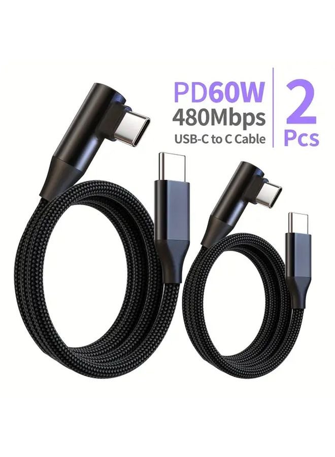 قطعتان من كابل الشاحن السريع USB-C بقوة 60 واط و 3 أمبير، بطول 39.37 بوصة، مضفّر من النايلون، بزاوية قائمة 90 درجة - Image 1