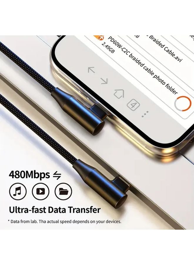 قطعتان من كابل الشاحن السريع USB-C بقوة 60 واط و 3 أمبير، بطول 39.37 بوصة، مضفّر من النايلون، بزاوية قائمة 90 درجة - Image 5