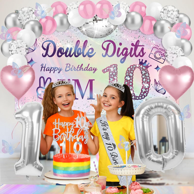 Juesly 10th Birthday Decorations for Girls,49pcs Silver Dazzle Double Digits Banner, Iridescence Tablecloth, Sash, Tiara, Butterfly Decor, Happy 10th Birthday Cake Topper, Candles, Balloons Arch - Image 2