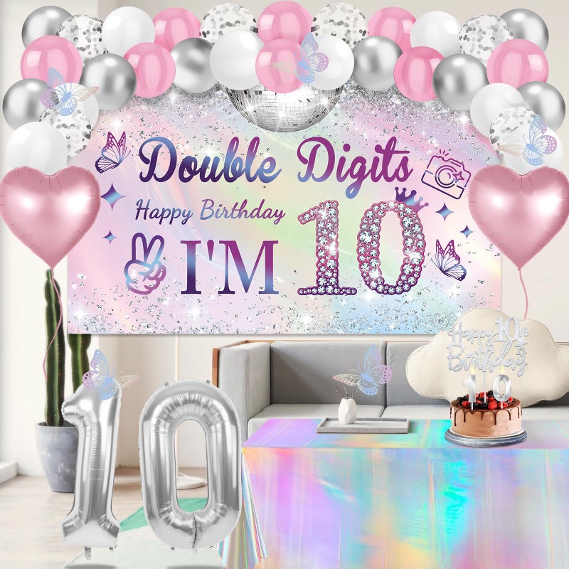 Juesly 10th Birthday Decorations for Girls,49pcs Silver Dazzle Double Digits Banner, Iridescence Tablecloth, Sash, Tiara, Butterfly Decor, Happy 10th Birthday Cake Topper, Candles, Balloons Arch - Image 4