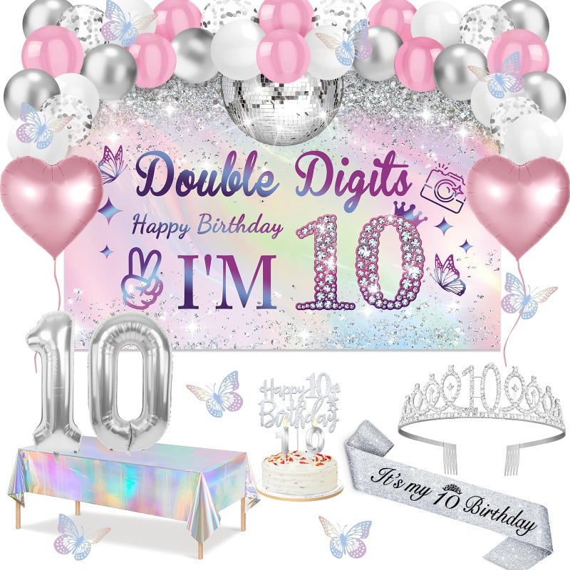 Juesly 10th Birthday Decorations for Girls,49pcs Silver Dazzle Double Digits Banner, Iridescence Tablecloth, Sash, Tiara, Butterfly Decor, Happy 10th Birthday Cake Topper, Candles, Balloons Arch - Image 1