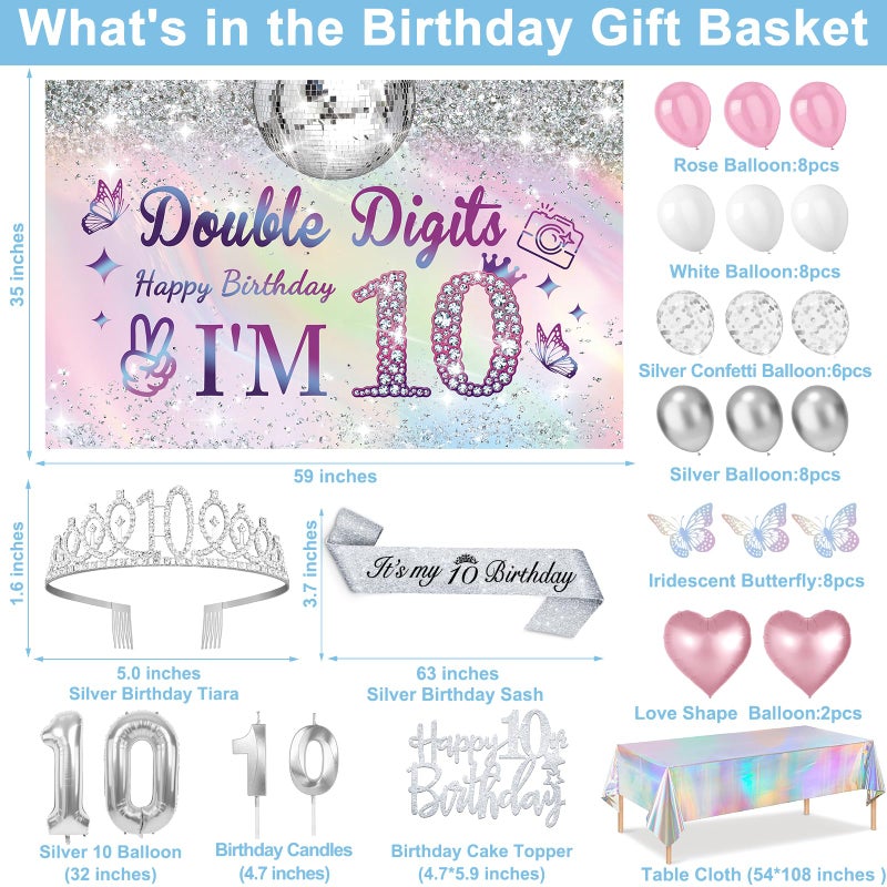Juesly 10th Birthday Decorations for Girls,49pcs Silver Dazzle Double Digits Banner, Iridescence Tablecloth, Sash, Tiara, Butterfly Decor, Happy 10th Birthday Cake Topper, Candles, Balloons Arch - Image 3
