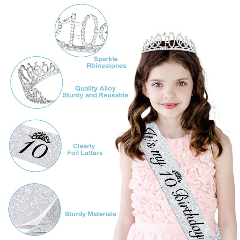 Juesly 10th Birthday Decorations for Girls,49pcs Silver Dazzle Double Digits Banner, Iridescence Tablecloth, Sash, Tiara, Butterfly Decor, Happy 10th Birthday Cake Topper, Candles, Balloons Arch - Image 5