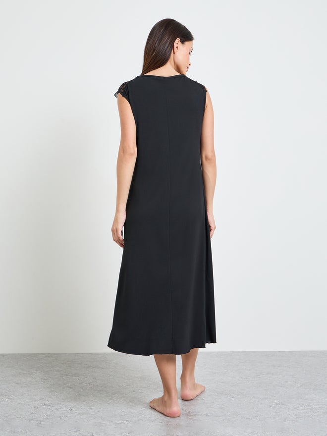 Styli Black Shoulder Lace Trim Placket Detail Nightdress - Image 4